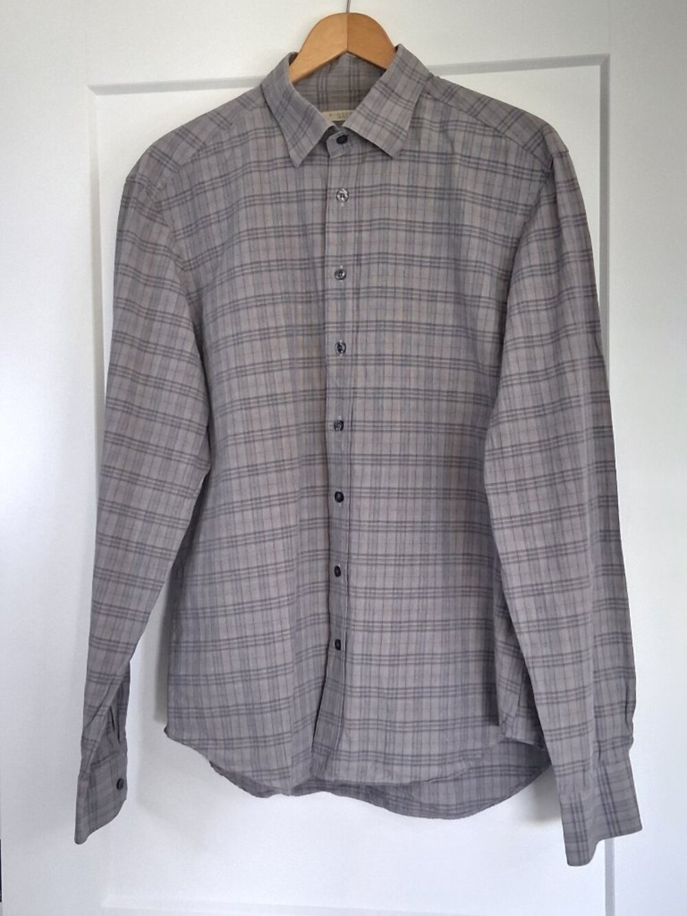 Burberry Brit Men XL Plaid Button Down Shirt Cotton Linen Blend Long Sleeve Gray